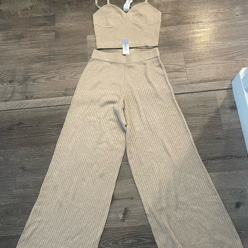 Stylish Beige Ribbed Pants and Top Set